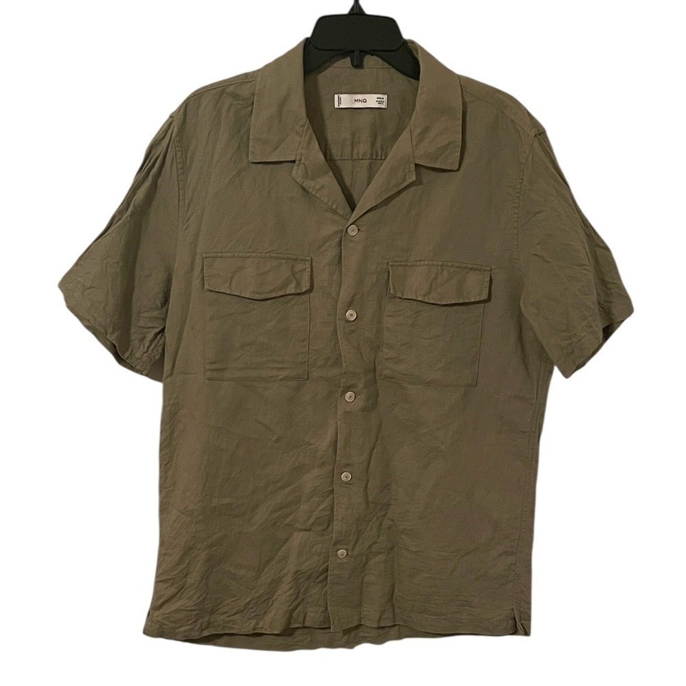 MNG‎ Men's Khaki Green Regular Fit Short Linen Blend Button Up Shirt Size M